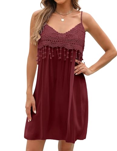 Zeagoo Damen Strandkleid Bohemian Trägerkleid V-Ausschnitt Sommerkleid Boho Kleid Lässig Midikleid mit Fransen Minikleid Ärmellos Freizeitkleid Weinrot L von Zeagoo
