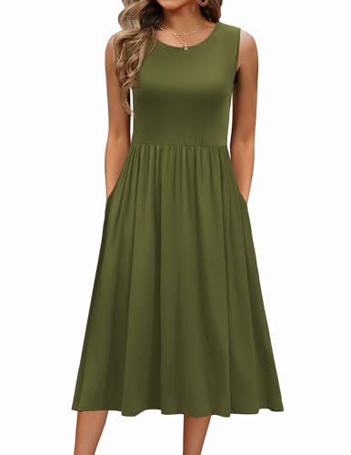 Zeagoo Sommerkleider Damen Ärmelloses Rundhals Freizeitkleider Elegant A Linie Midikleider Lässige Tank Kleid T-Shirt Kleider mit Taschen Armeegrün XL von Zeagoo