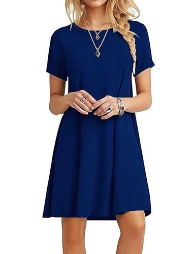Zeagoo T Shirt Kleid Damen Sommer Knielang Keider mit Taschen Casual Leicht Sommerkleid Rundhals Kurzarm T Shirtleid Navy Blau L von Zeagoo