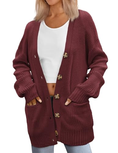Zeagoo Damen Strick Cardigan Locker Casual Grobstrickjacke Warme Strickjacke mit Knöpfen Taschen Herbst Winter Lang Strickweste Weinrot L von Zeagoo