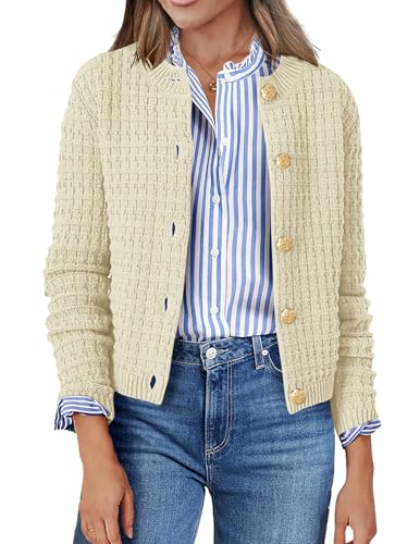 Zeagoo Damen Strickjacke Kurz Langarm Cardigan Rundhals Elegant Jacke Strick Open Front Sweater Herbst Winter Basic Casual Strickjacken Beige M von Zeagoo