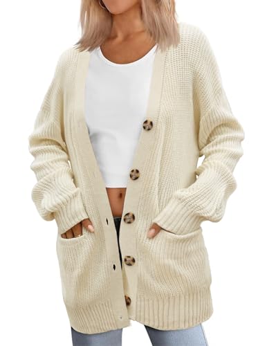 Zeagoo Damen Strickjacke Langarm V-Ausschnitt Grobstrick Cardigan Herbst Winter Lässig Lang Strickweste mit Knöpfen Taschen Beige M von Zeagoo