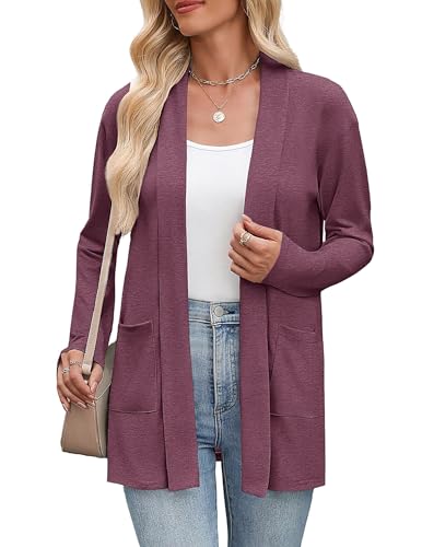 Zeagoo Cardigan Damen Lang Strickjacke Elegant Jacke Langarm Vorne Offen Dünne Strickjacken Herbst mit Taschen Casual Herbst Oberteile Einfarbig Tops Dunkelrot XXL von Zeagoo