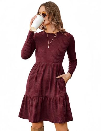 Zeagoo Damen Strickkleid Dünn Elegant Langarm A Linien Kleider Frühling Herbst Rundhals Knielang Pulloverkleid Einfarbig Herbstkleid mit Taschen Weinrot XXL von Zeagoo