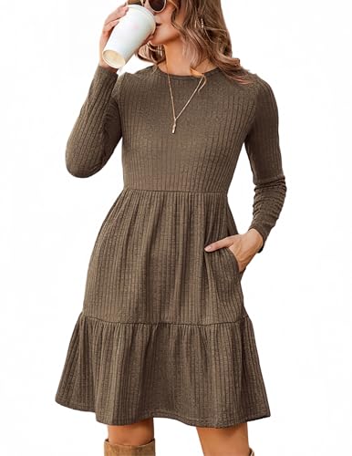 Zeagoo Herbstkleid Damem Elegant Langarm Rundhals Kleider mit Taschen Herbst Knielang A Linie Kleid Dünn Strickkleid Braun L von Zeagoo