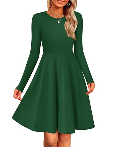 Zeagoo Damen Strickkleid Langarm Elegant A-Linie Kleid Casual Rundhals Herbstkleid Warm Winterkleid Leichte Pulloverkleid Dunkelgrün XL von Zeagoo