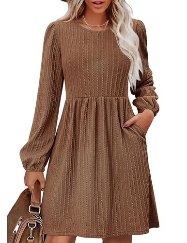 Zeagoo Damen Strickkleid Langarm Elegant Herbst Kleider Rundhals A-Linie Pulloverkleid Tunika Kleid mit Taschen Braun L von Zeagoo