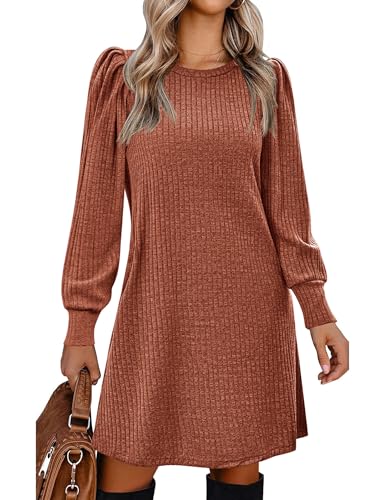 Zeagoo Damen Strickkleid Puff Pulloverkleid Langarm Herbstkleid Elegant Strickpullover Kleid Puff Tunika Kleid mit Taschen Karamell L von Zeagoo