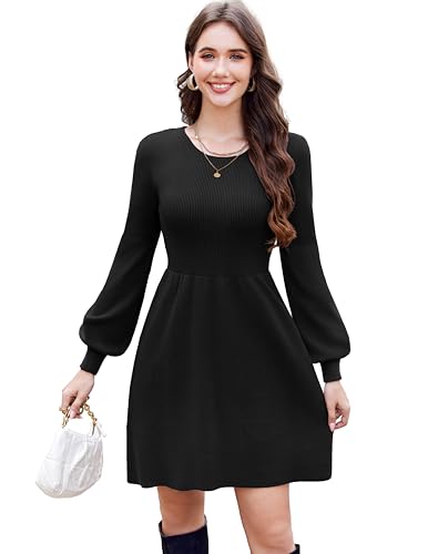 Zeagoo Damen Strickkleid Rundhals Puff Langarm Kleider Hoch Tailliert Pulloverkleid Elegant Strickpullover Kleid A-Linie Minikleid Einfarbig Winterkleid Schwarz XXL von Zeagoo