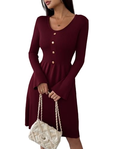 Zeagoo Damen Strickkleid V-Ausschnitt Herbstkleid Langarm Pulloverkleid Knielang Midikleid Einfarbige A Linien Kleider Winter Weinrot M von Zeagoo