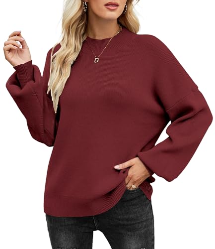 Zeagoo Pullover Damen Strickpullover Elegant Rollkragenpullover Puffärmel Strickpulli Langarm Rundhals Sweater Herbst Winter Warm Pulli Einfarbig Oberteile Rot M von Zeagoo