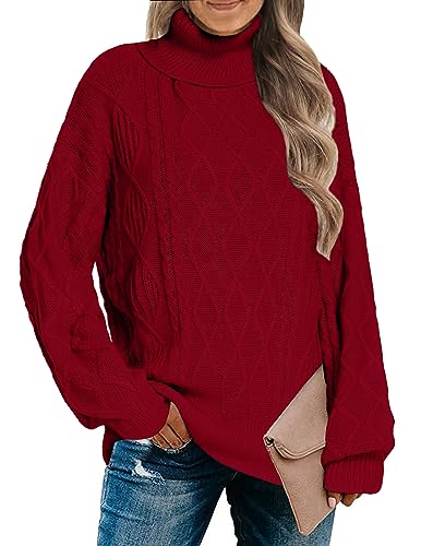 Zeagoo Damen Strickpullover Langarm Rollkragenpullover Elegante Stehkragen Lässiges Strickpulli Zopfmuster Pullover für Winter Rot L von Zeagoo