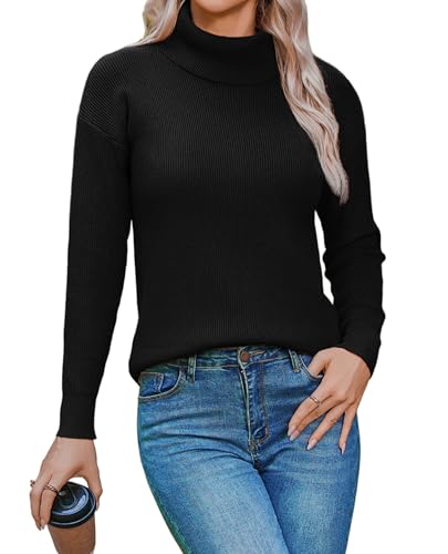 Zeagoo Damen Strickpullover Pulli Langarm High Neck Langarmshirt Herbst Oberteile Winterpullover Turtle Sweatshirt Winter Top Fleecepullover Sweater Schwarz L von Zeagoo