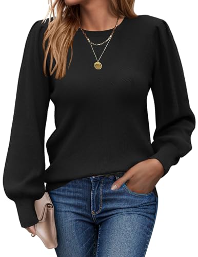 Zeagoo Damen Strickpullover Pullover Elegant Rundhals Langarm Pulli mit Laternenärmeln Wollpullover Weihnachtspullover Feinstrick Winter Schwarz XXL von Zeagoo