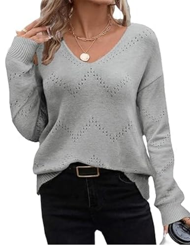Zeagoo Damen Strickpullover V-Ausschnitt Pullover Hollow Out Langarm Strickwaren Herbst Winter Strickpulli Elegant Freizeitpullover Hellgrau S von Zeagoo