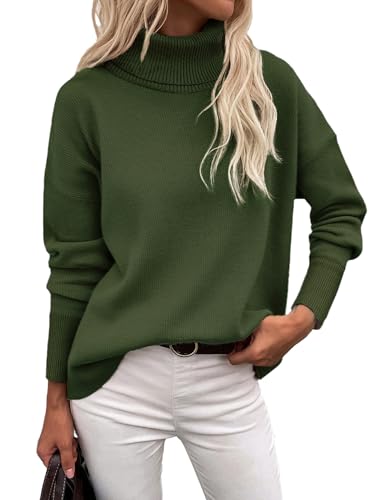 Zeagoo Damen Strickpullover mit Stehkragen Casual Langarm Rollkragenpullover Oversized Gestrickt Tops High Neck Oberteile Einfarbig Herbst Winter Armeegrün XXL von Zeagoo