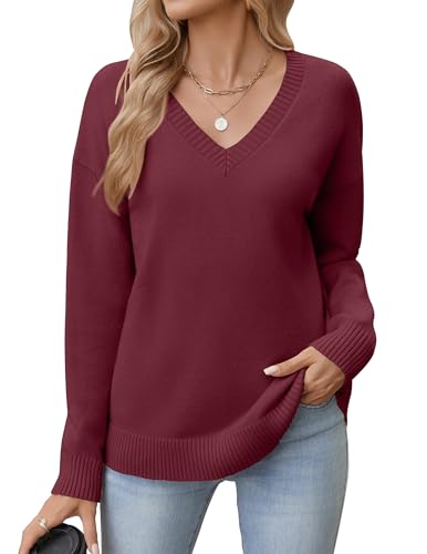 Zeagoo Damen Strickpullover mit V-Ausschnitt Lässige Langarm Pullover Elegant Herbstpulli Winter Warmer Sweater Basic Oberteile Tops Rotwein XL Zeagoo Damen Strickpullover mit V-Ausschnitt Lässige Langarm Pullover Elegant Herbstpulli Winter Warmer Sweater Basic Oberteile Tops Rotwein XL von Zeagoo