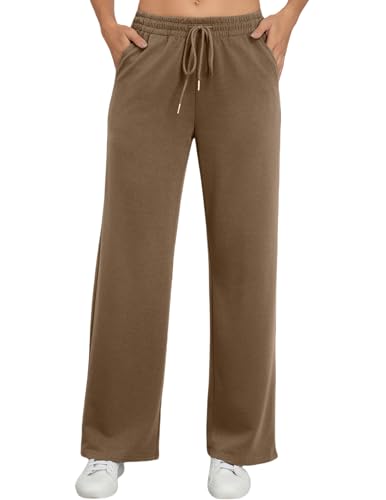 Zeagoo Hosen Damen Lang Freizeithose Locker Stoffhose Anzughose Damen Weite Hose mit Taschen High Waist Hose Damenhose Weites Bein Braun M von Zeagoo