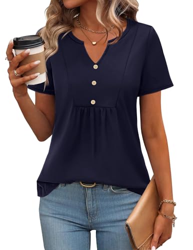Zeagoo Tshirt Damen Sommer Kurzarm Shirts Elegante V-Ausschnitt Oberteile Basic Einfarbig Top Lässig Locker Tunika Shirt Navy Blau XXL von Zeagoo