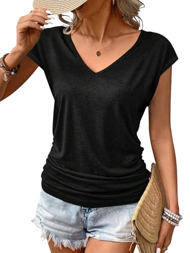 Zeagoo Tshirt Damen Lässiges Ärmellos Tank Top Basic V-Ausschnitt Tunika Oberteile Elegant Falten Bluse Schwarz XL von Zeagoo