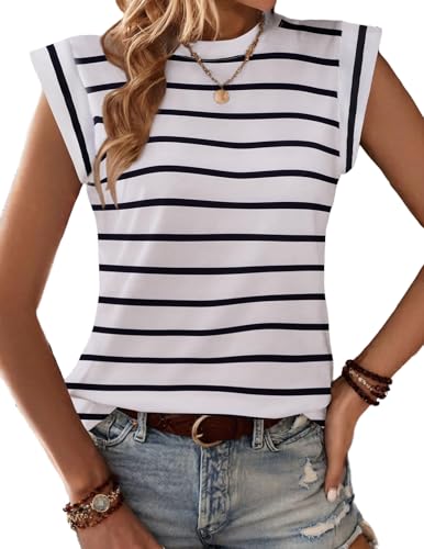 Zeagoo Damen Tank Top Ärmellose Sommer T Shirt Cap Ärmel Tops Rundhals Oberteile Basic Blusentop Gestreift Weiß M von Zeagoo