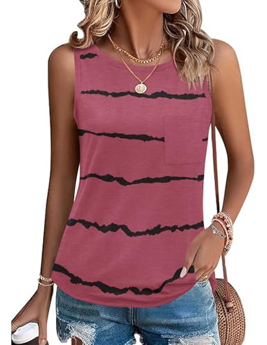 Zeagoo Tops für Damen Ärmellose Tank Top Lässige Cami T Shirt Sommer Rundhals Oberteile Basic Blusentop mit Tasche Dunkelrosa Streifen S von Zeagoo