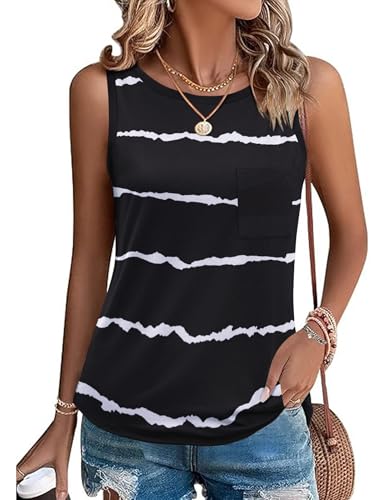 Zeagoo Tank Top Damen Ärmellose Oberteile Sommer Tanktops Frauen Lässige Cami Weste Rundhals Blusentop Basic T Shirt Leicht Tops mit Tasche Schwarz Streifen XL von Zeagoo
