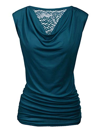 Zeagoo Damen-Tanktop, gerüscht, Wasserfallkragen, ärmellos, Stretch-Bluse mit seitlichem Raffen, Dunkelcyan, Klein von Zeagoo