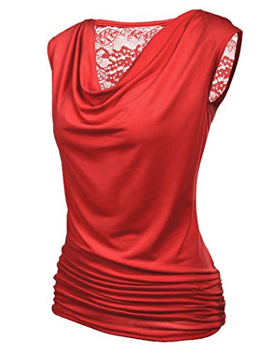 Zeagoo Damen-Tanktop mit gerüschtem Wasserfallausschnitt, ärmellos, Stretch-Bluse mit seitlichem Raffung, rot, Groß von Zeagoo