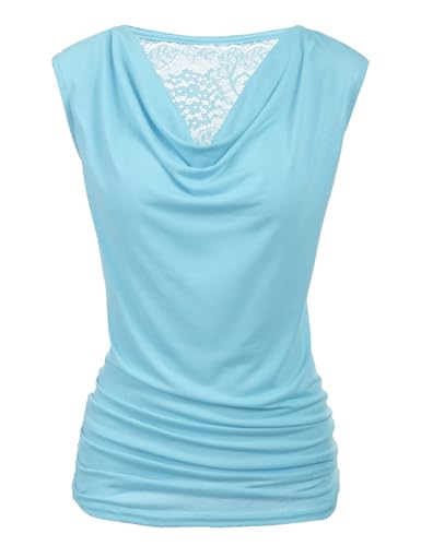 Zeagoo Damen Tanktop mit gerüschtem Wasserfallkragen, ärmellos, Stretch-Bluse mit seitlichem Raffung, Hell, blau, Groß von Zeagoo