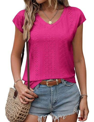 Zeagoo Damen Top Sommer Kurzarm V Ausschnitt Lochstickerei Tshirt Leicht Luftig Tank Top Bequem Basic Blusentop Rosarot XXL von Zeagoo