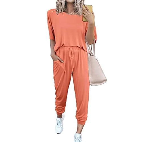 Zeagoo Damen Tracksuit Set Kurzarm Sommer Zweiteilige Pullover Sets für Frauen Trendy Lounge Sets Strick Häkeln Pullover Top Hohe Taille Hosen Outfits Crochet Rot M von Zeagoo