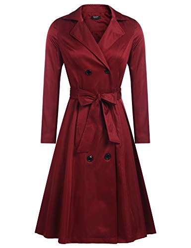 Zeagoo Damen Trenchcoats Zweireihiger Langmantel mit Gürtel, Weinrot, M von Zeagoo