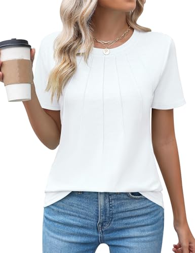 Zeagoo Shirts Damen Elegent Rundhals T-Shirt Einfarbig Oberteile Sommer Kurzarm Tshirt Basic Tops Locker T Shirt Weiß S von Zeagoo