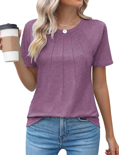Zeagoo Damen Tshirt Rundhals Shirts Kurzarm T-Shirt Elegent T Shirt Sommer Basic Tops Casual Oberteile Blusenshirt Fuchsie L von Zeagoo