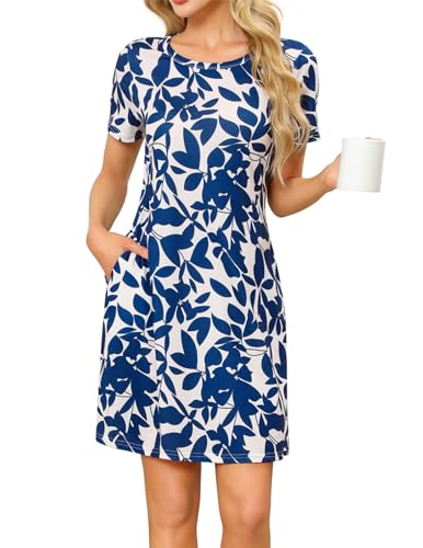 Zeagoo Tshirt Kleid Damen Knielang Rundhals Kurzarm Sommerkleid Leicht Luftig T Shirtkleid Casual Sommer Kleider mit Taschen Blaue Blumen M von Zeagoo
