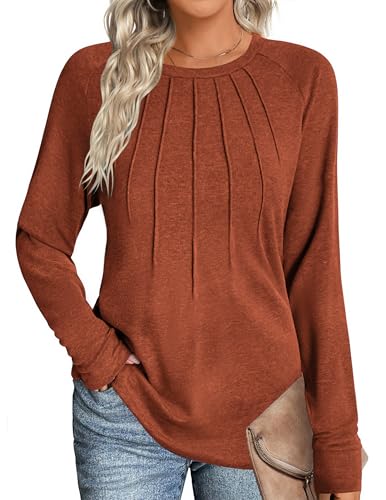 Zeagoo Damen Tshirt Langarm Oberteile Einfarbige Rundhals Shirts Casual Plissee Langarmshirt Herbst Basic Tops Karamell S von Zeagoo