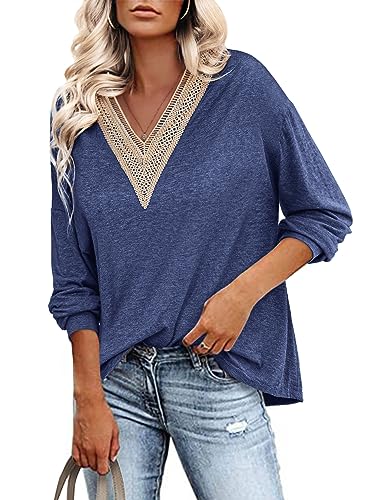 Zeagoo Damen Tshirt Langarm V Ausschnitt Elegant Sweatshirt Casual Locker Oberteile Dankelblau L von Zeagoo