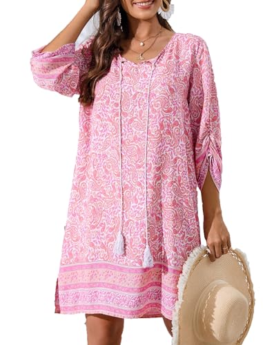 Zeagoo Damen Tunika Kleid V Ausschnitt Sommerkleid Floral Freizeitkleider Boho Strandkleid Beach Midi Dress Rosa XXL von Zeagoo