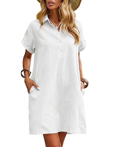 Zeagoo Damen Tunika Kleider Sommer V-Ausschnitt Kurzarm Leinenkleider Boho Lang Sommerkleider mit Taschen Weiß XXL von Zeagoo
