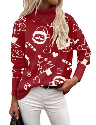 Zeagoo Damen Weihnachtspullover Christmas Pullover Basic Lässig Pulli Turtleneck Gestrickt Strickpulli Elegant Langarm Rollkragenshirt Warm Winterpullover Weihnachtsmuster XL von Zeagoo