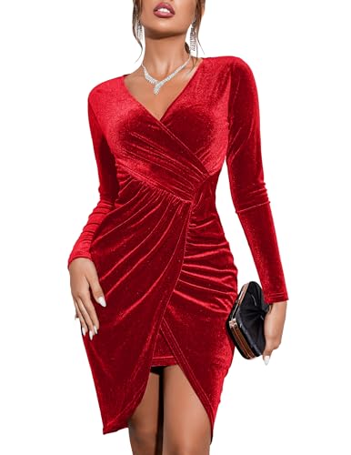 Zeagoo Damen Winterkleid Langarm Festlich Samtkleid V-Ausschnitt Enge Kleider figurbetont Cocktail Kleider Slim Fit Rot XL von Zeagoo