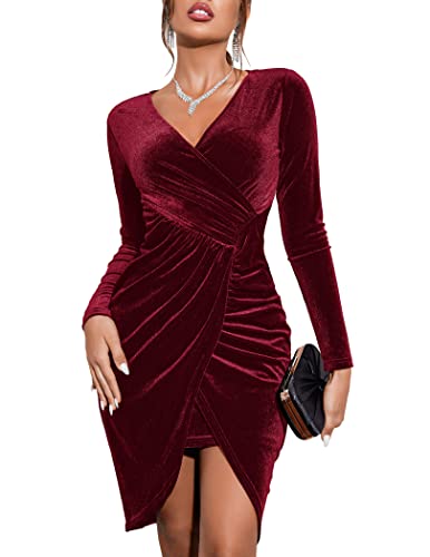 Zeagoo Damen Festlich Kleid Langarm Elegant Abendkleid kurz Samtkleid Bodycon Partykleid Sexy Hoch Taille Cocktailkleid Weinrot L von Zeagoo