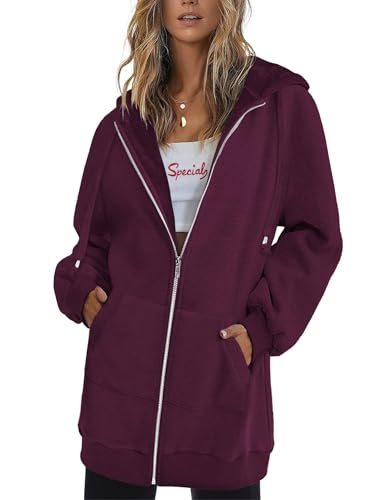 Zeagoo Damen Zip Kapuzenpullover Casual Loose Fit Hoodie Long Einfarbig Kapuzenpulli Herbst Winter Langarm Sweatshirt Wärme Drawstring Top Weinrot S von Zeagoo