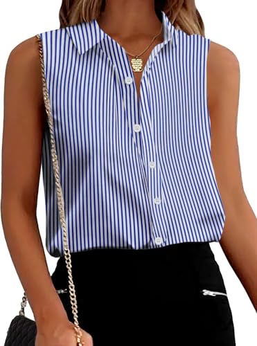 Zeagoo Damen ärmellose Button-Down-Shirts Blusen Solide Casual Loose V-Ausschnitt Tank Tops für Arbeit S-XXL, Blauer Streifen, Mittel von Zeagoo