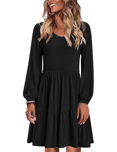 Zeagoo Damen Kleider V Ausschnitt Langarm Winterkleid Knielang Casual Lockeres Kleid Herbst Tunikakleid mit Taschen Schwarz S von Zeagoo
