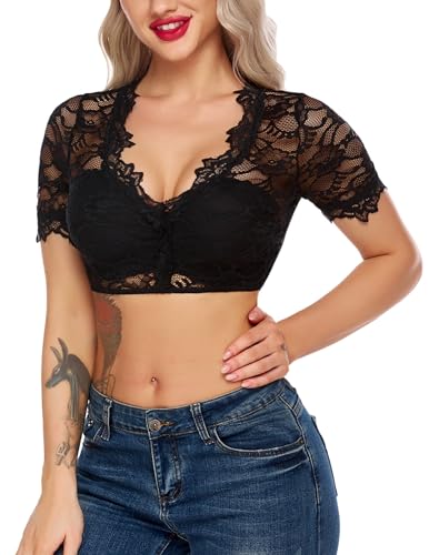 Zeagoo Dirndlblusen Damen Halbarm Spitze Dirndl Bluse Schwarz Trachtenbluse V-Ausschnitt Kurzarm Dirndlbluse Elegant Oktoberfest Kostüm Blusen Schwarz M von Zeagoo
