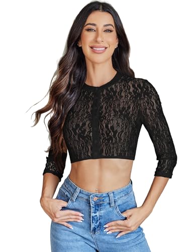 Zeagoo Dirndl Bluse Damen Elegant Tracht Spitzenblusen Langarm Dirndlbluse Schwarze Oktoberfest Bluse Spitze Trachtenbluse mit Knopf Schwarz XXL von Zeagoo