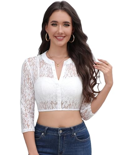 Zeagoo Dirndl Bluse Damen Spitzen Kurzarm Dirndlbluse Rundhals Traditionelle Bluse Weiß Trachtenbluse Elegante Spitzenbluse für Oktoberfest Weiß S von Zeagoo