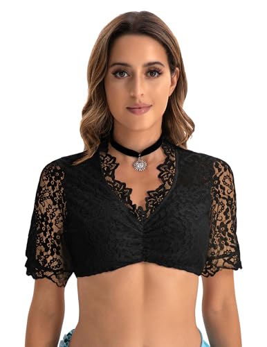 Zeagoo Dirndl Bluse Damen Spitze Dirndlbluse Kurzarm Oktoberfest DirndlBlusen V Ausschnitt Trachtenbluse Schwarz XXXL von Zeagoo